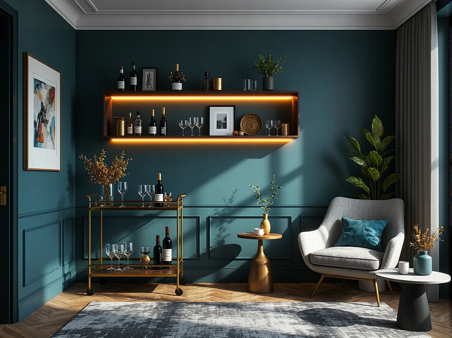 Aksamitny fotel w nasyconym kolorze jako luksusowy akcent w nowoczesnym mikroapartamencie glamour.