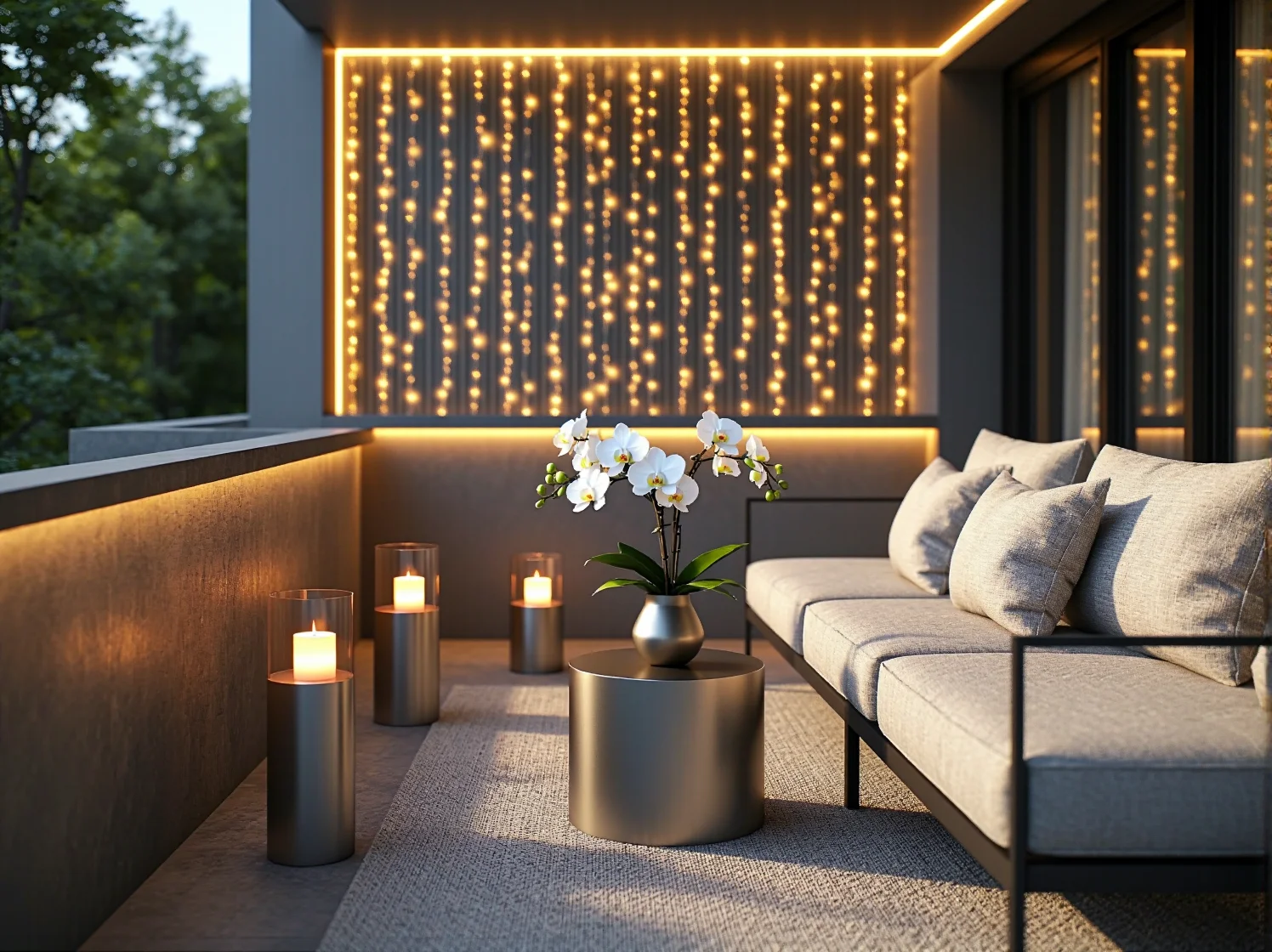 Wieczorna aranżacja balkonu glamour z nastrojowym oświetleniem LED w kolorze złota