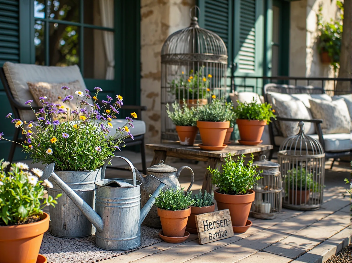 Nastrojowe oświetlenie i miękkie tekstylia na prowansalskim balkonie z małym narożnikiem.