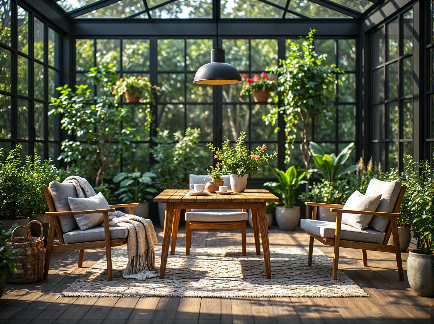 Aranżacja oświetlenia w ogrodzie zimowym z wykorzystaniem punktowych lamp elewacyjnych.