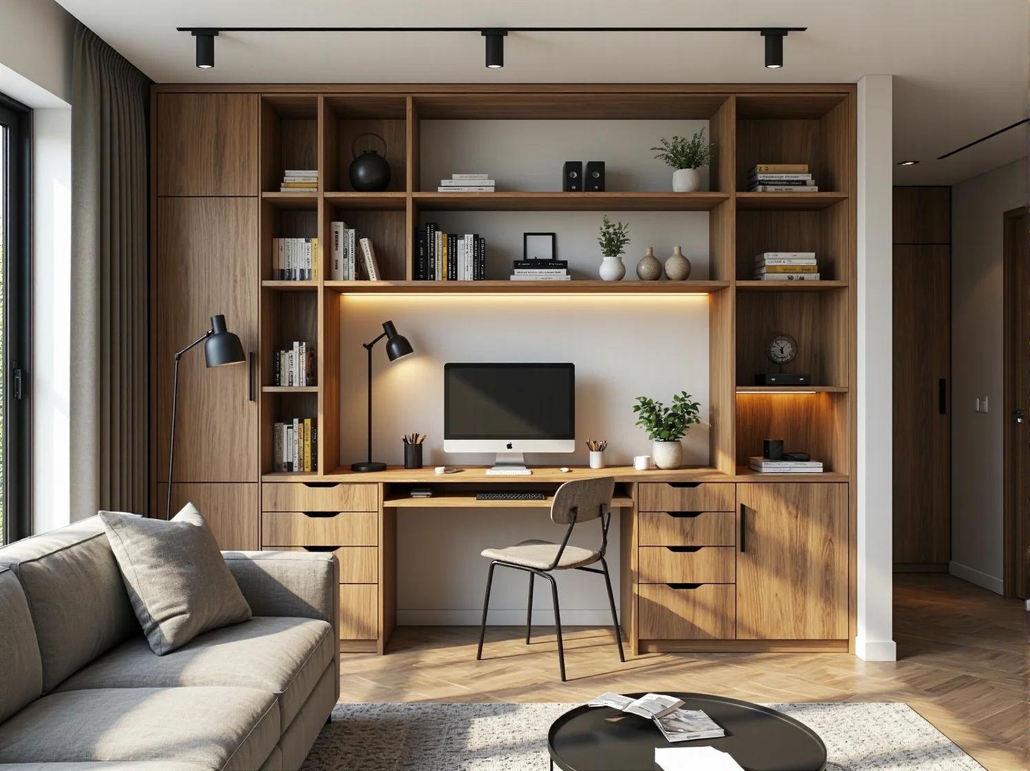 Aranżacja miejsca pracy w kawalerce wykorzystująca wolną przestrzeń pod ścianą