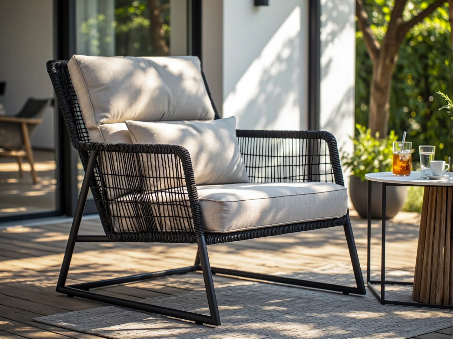 Modna aranżacja tarasu z wykorzystaniem nowoczesnych mebli w odcieniach szarości.
