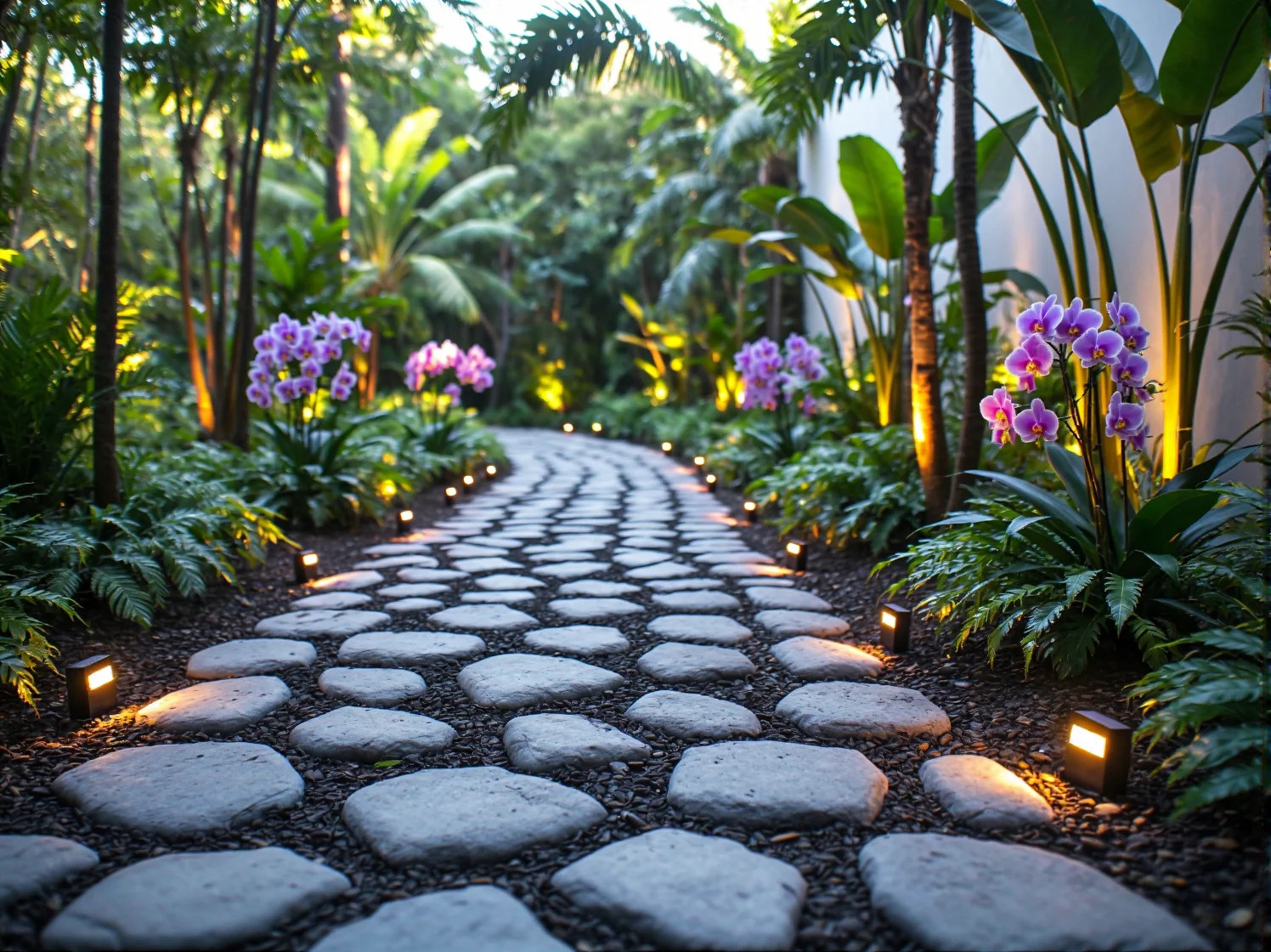 Taras w stylu tropikalnym z wygodnymi meblami i nastrojowymi girlandami LED.