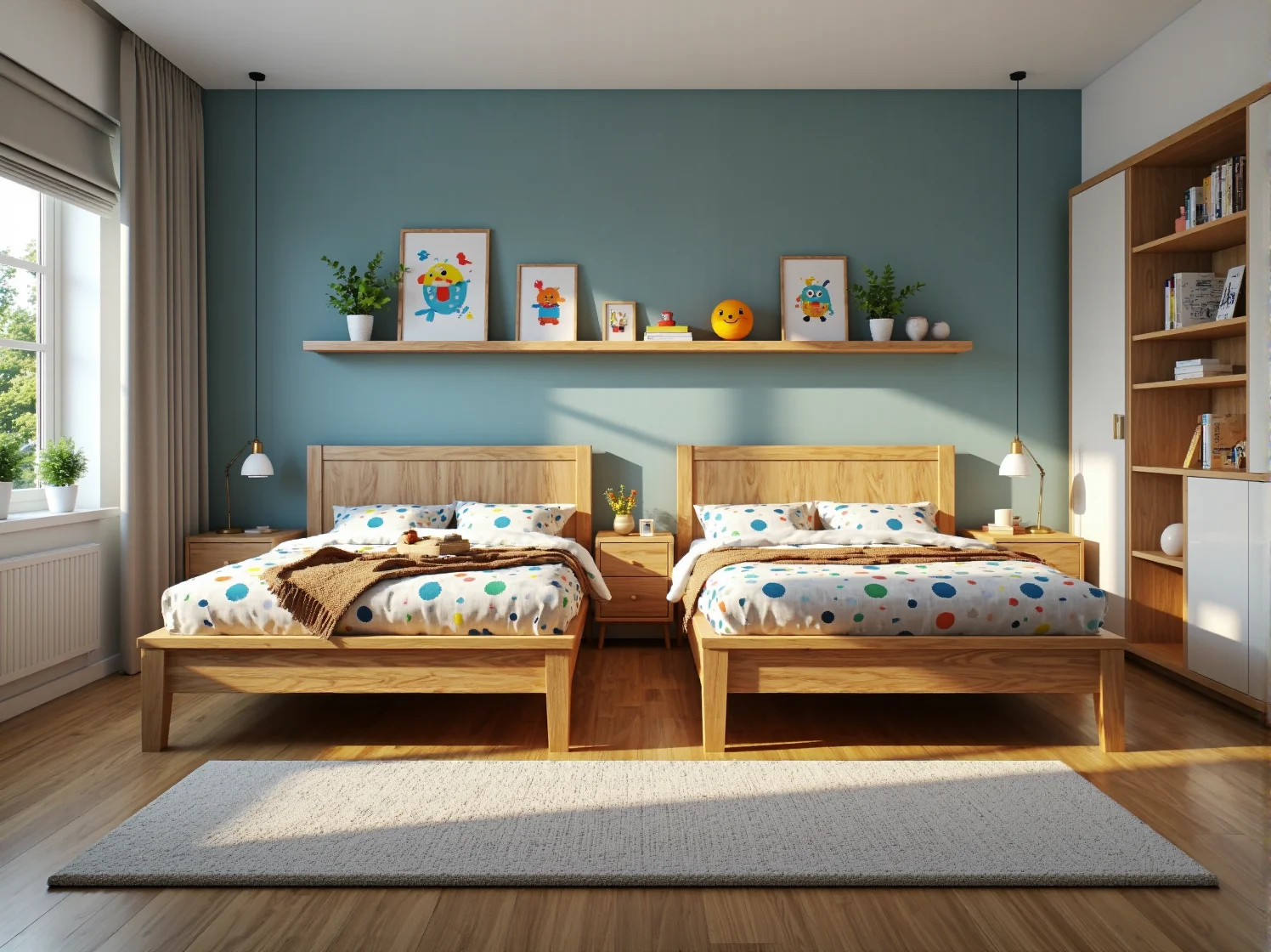 Aranżacja pokoju dla rodzeństwa z dwoma osobnymi łóżkami i strefą do nauki.