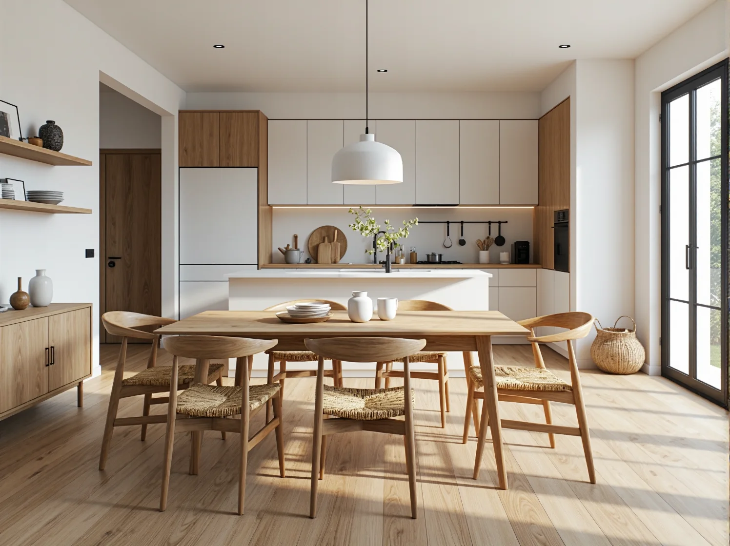 Przytulna aranżacja salonu otwartego na kuchnię z szarą sofą i skandynawskimi dekoracjami.