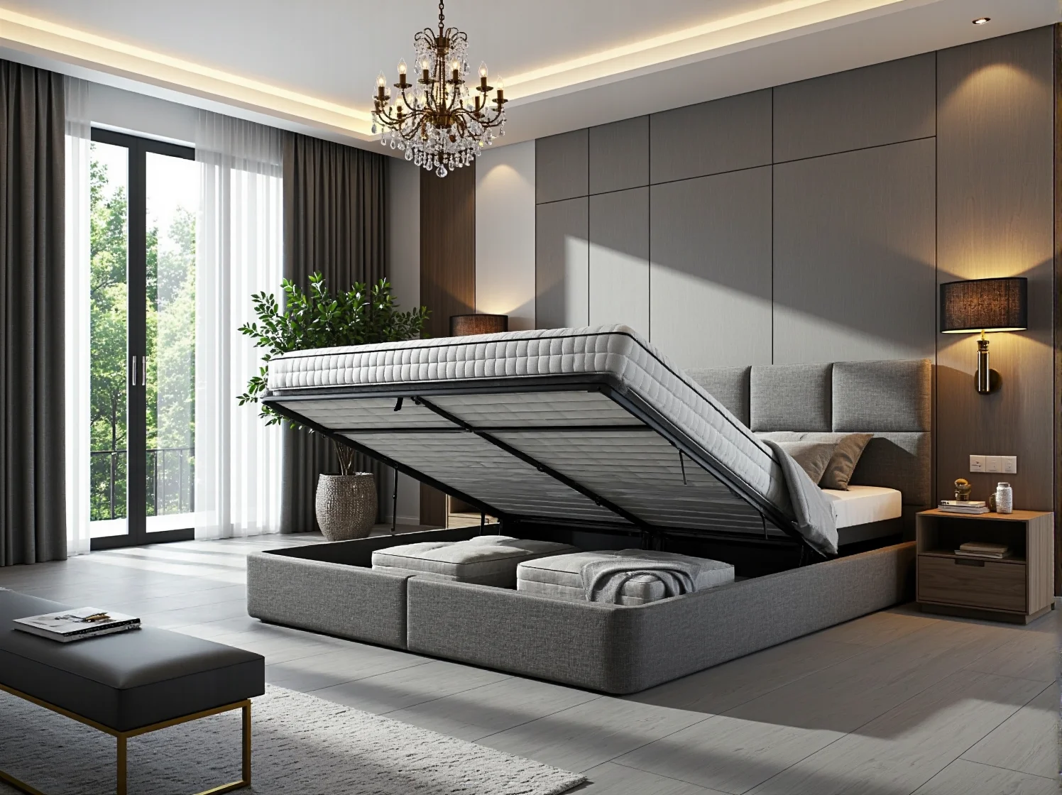 Stylowa sypialnia z szarym łóżkiem glamour z pojemnikiem, udekorowana złotymi lampkami i lustrami.