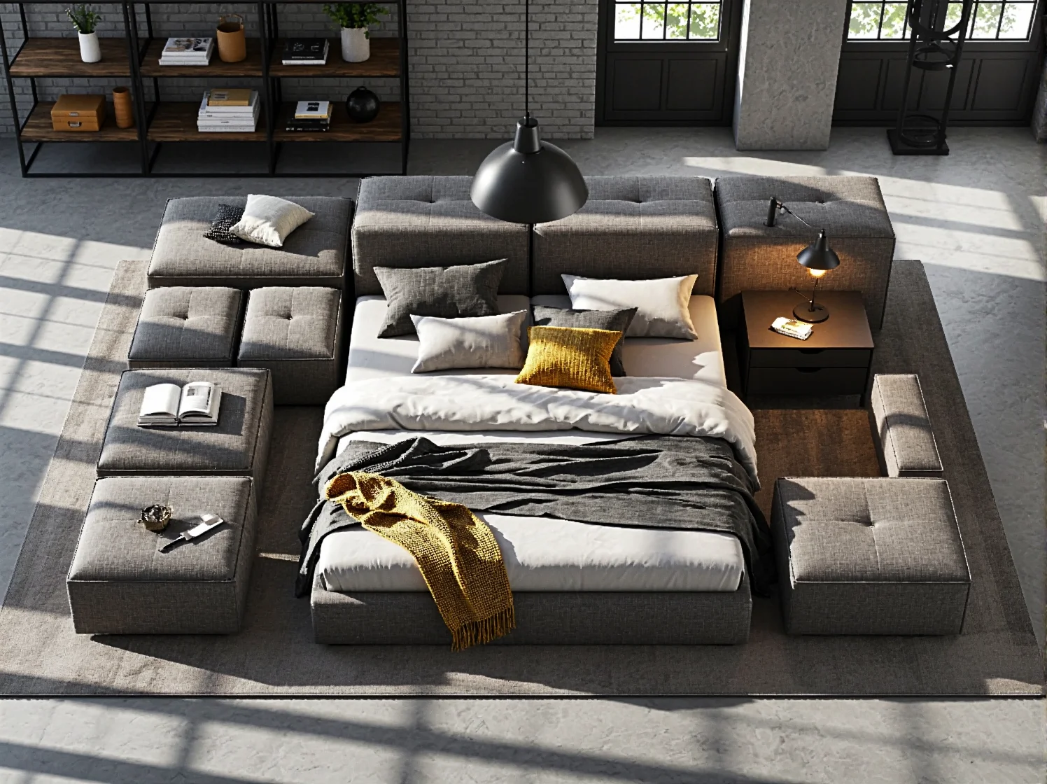 Aranżacja sypialni loftowej z metalowym łóżkiem modułowym i dębowym zagłówkiem.