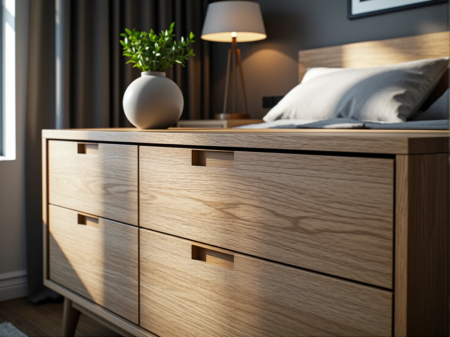 Biała nowoczesna komoda w małej sypialni - idealny sposób na optyczne powiększenie ciasnego wnętrza.