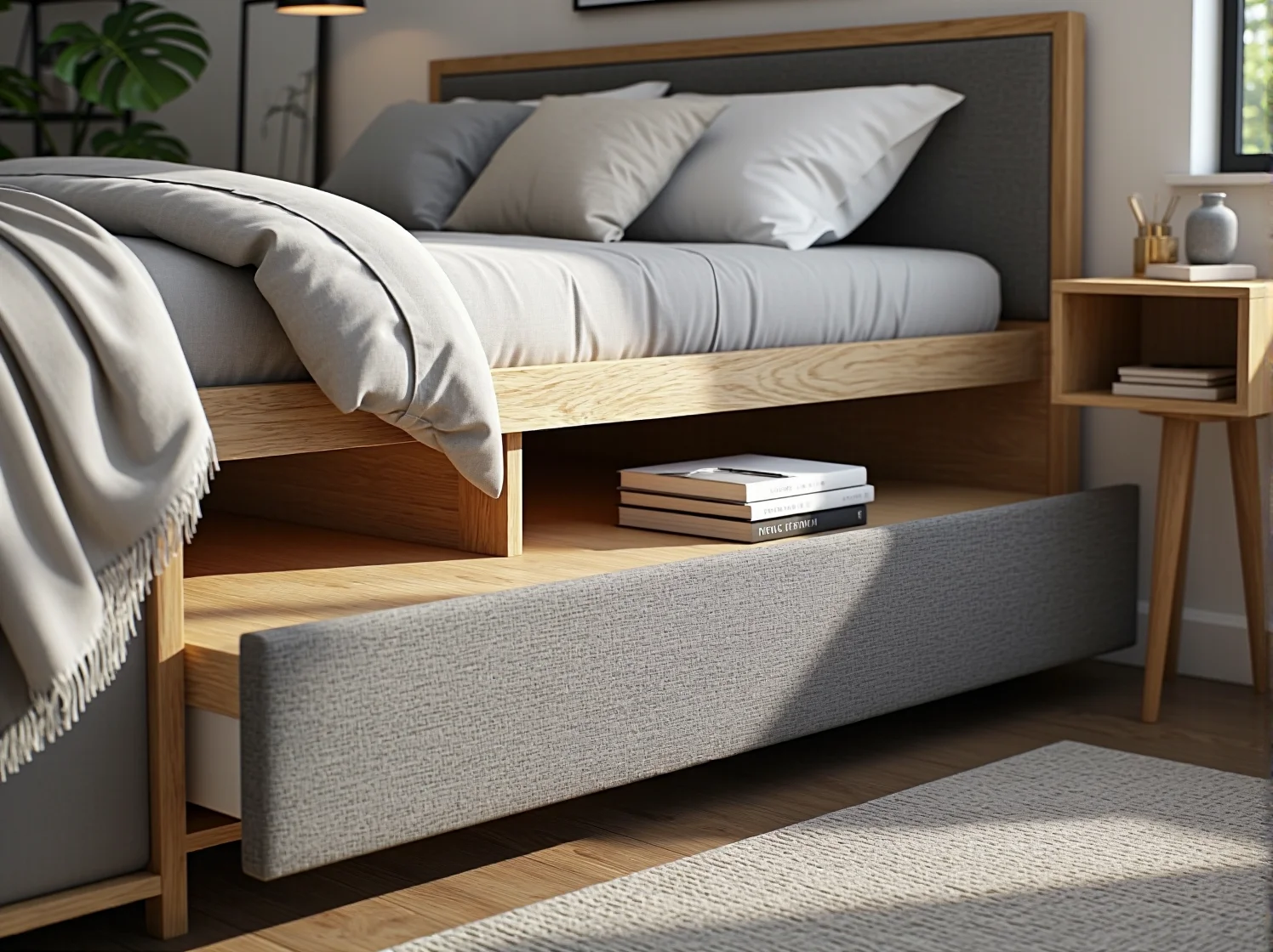 Minimalistyczne białe łóżko z drewna z pojemnikiem, idealne do skandynawskich wnętrz.