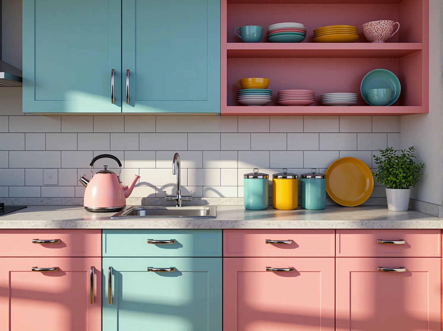 Jasna aranżacja kuchni z pastelowymi błękitnymi meblami i białym blatem w stylu retro