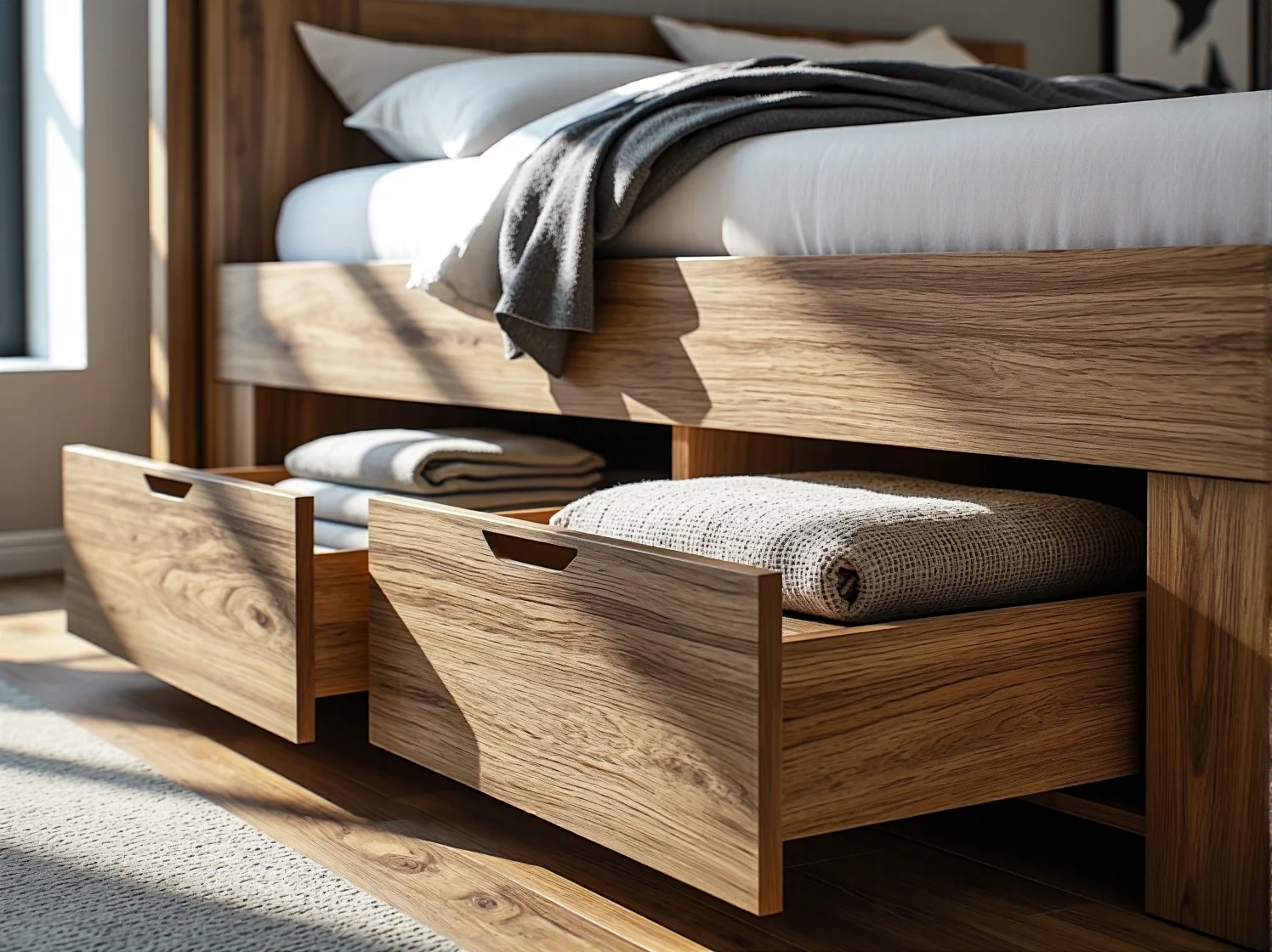 Solidne dębowe łóżko skandynawskie z szufladami do przechowywania w nowoczesnej sypialni.