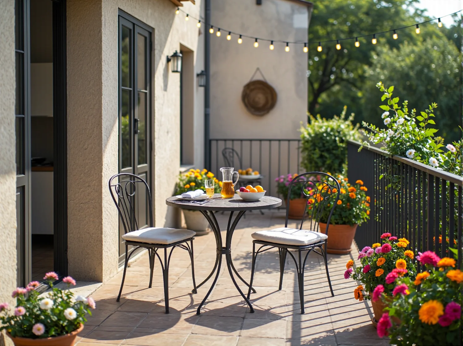 Dodatki na balkon prowansalski: gliniane donice z lawendą i lampiony obok kącika wypoczynkowego.