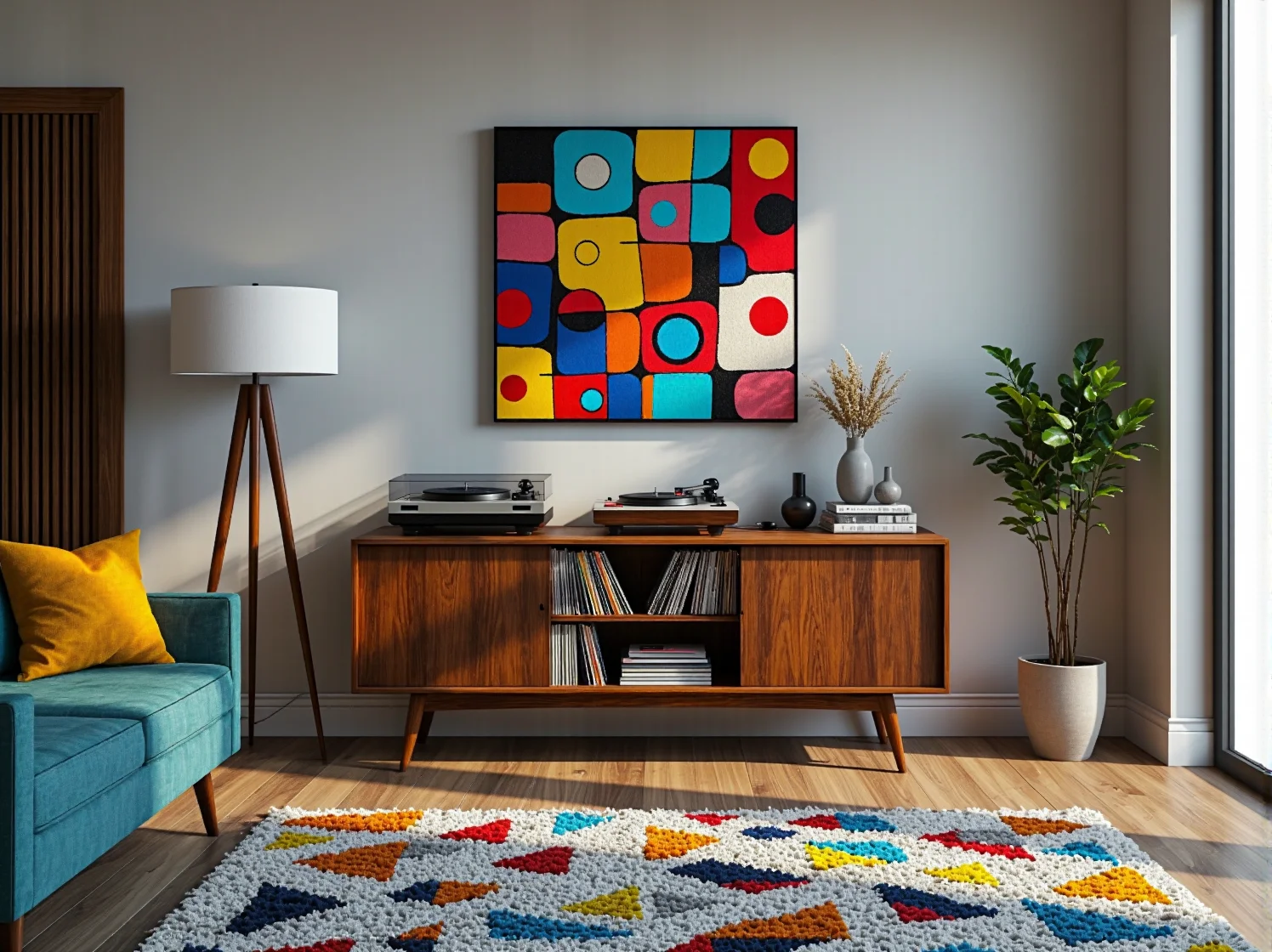 Detale retro: kolorowe poduszki i ceramiczny wazon w małym wnętrzu