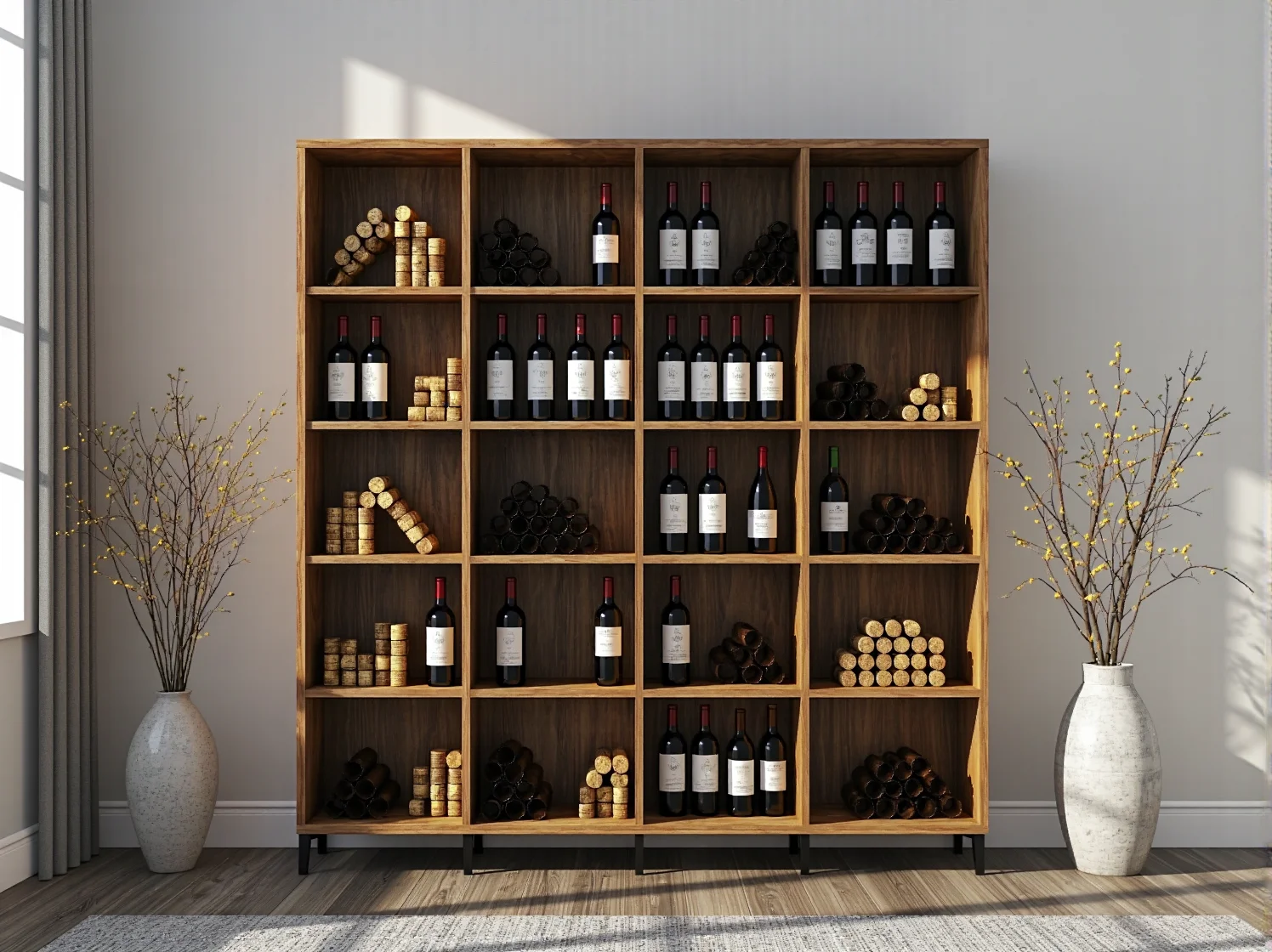 Montaż drewnianych półek i uchwytów na butelki w szafce na wino DIY.