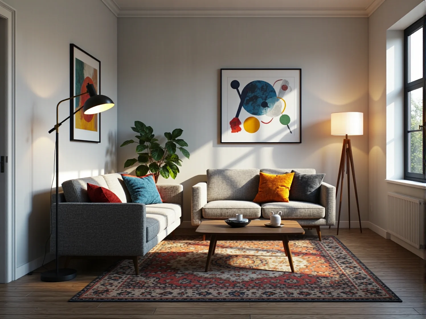 Gramofon i winyle jako dekoracja w małym pokoju dziennym w stylu vintage