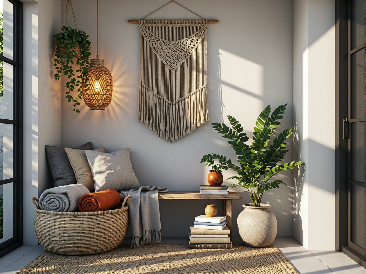 Dekoracyjne dodatki na taras boho: wzorzyste poduszki, pleciony dywan i wiklinowe lampiony.