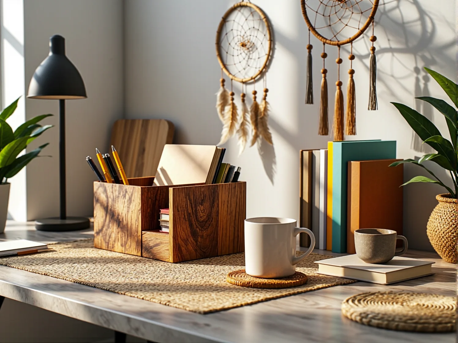 Drewniane meble biurowe w aranżacji boho łączące naturalny design z funkcjonalnością miejsca pracy.