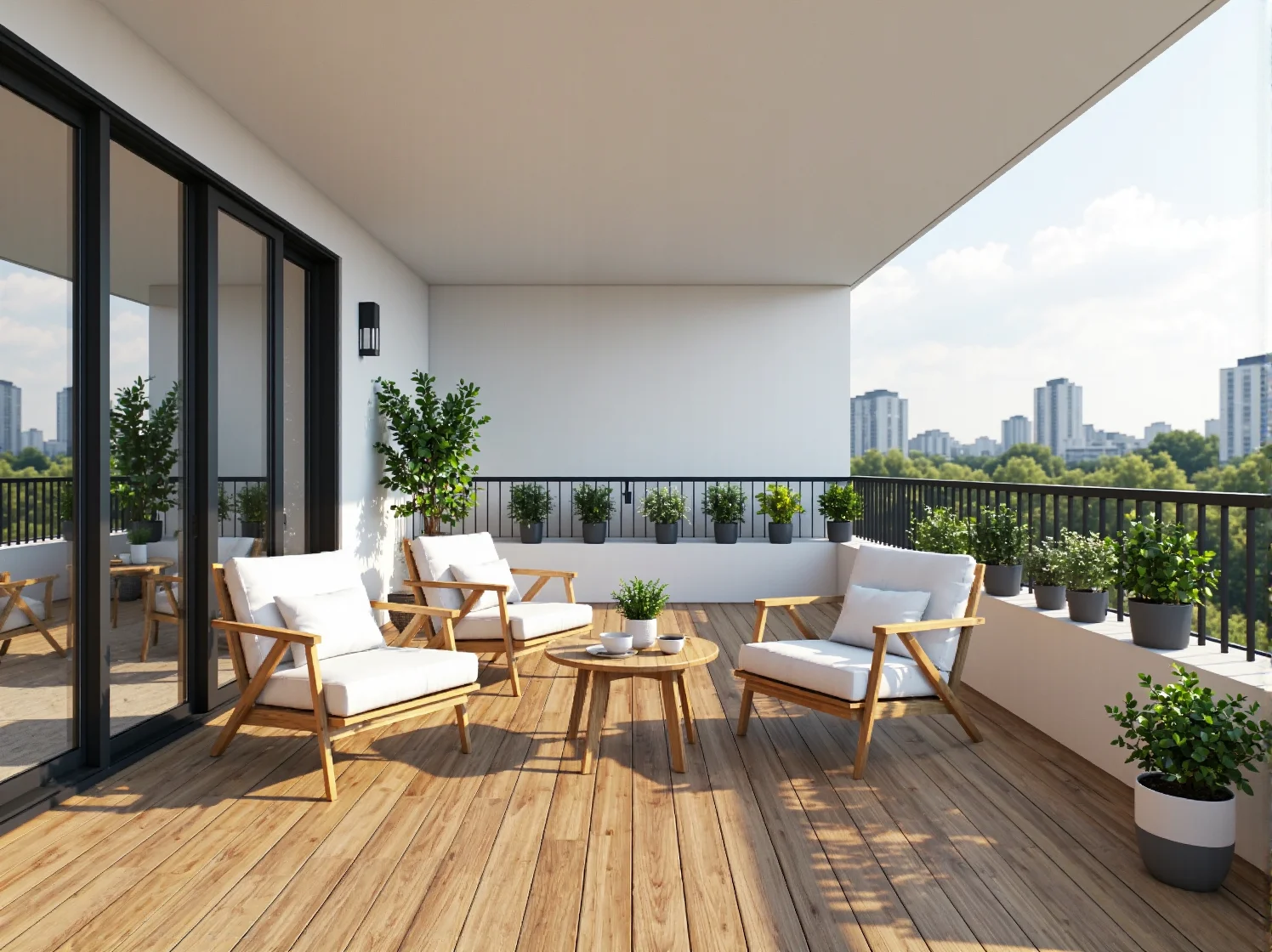 Jasne krzesła ogrodowe z drewna dopasowane do skandynawskiego wnętrza domu.