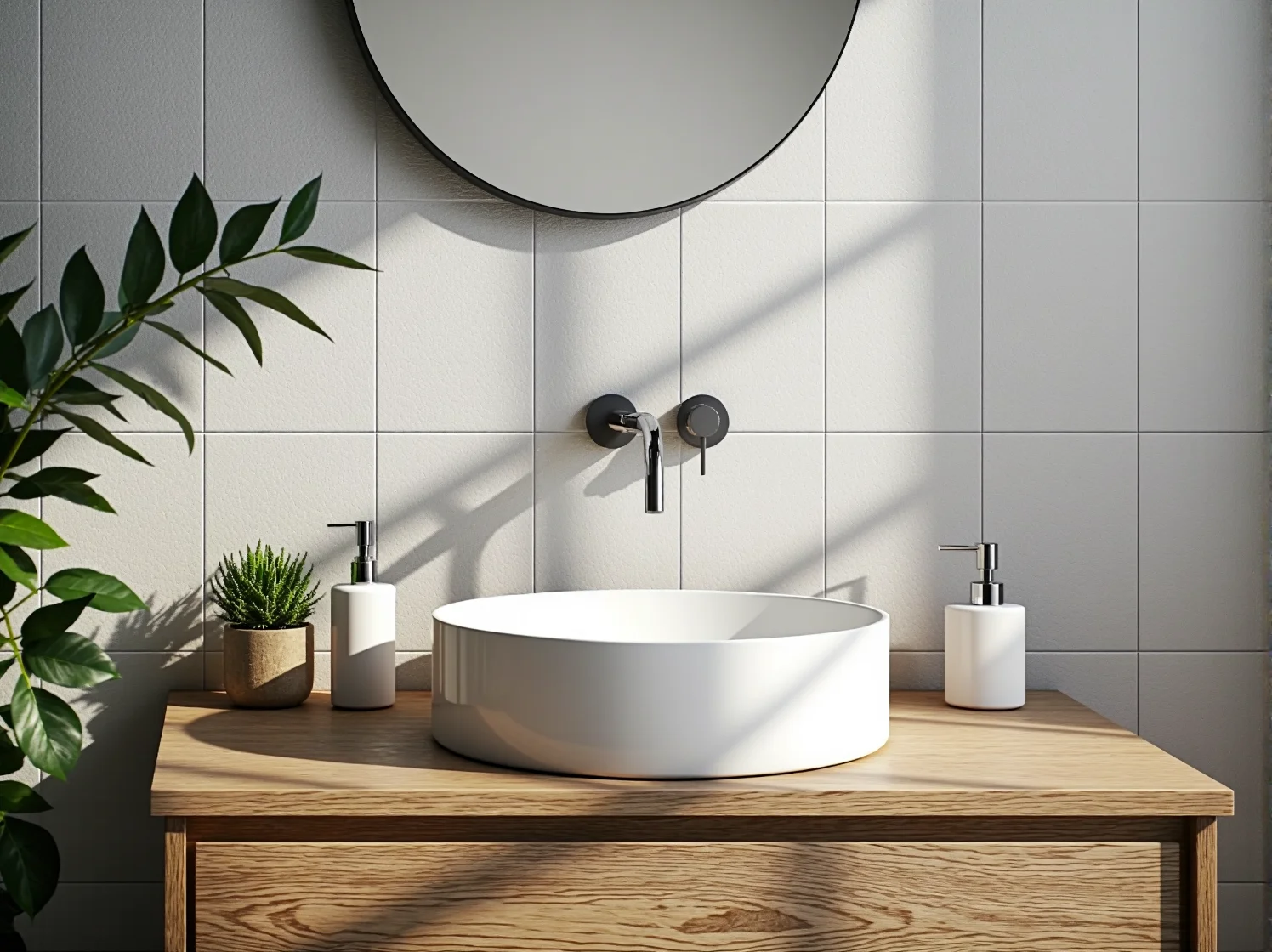 Detale łazienki hygge: białe płytki ścienne i szafka z naturalnego drewna pod umywalką.