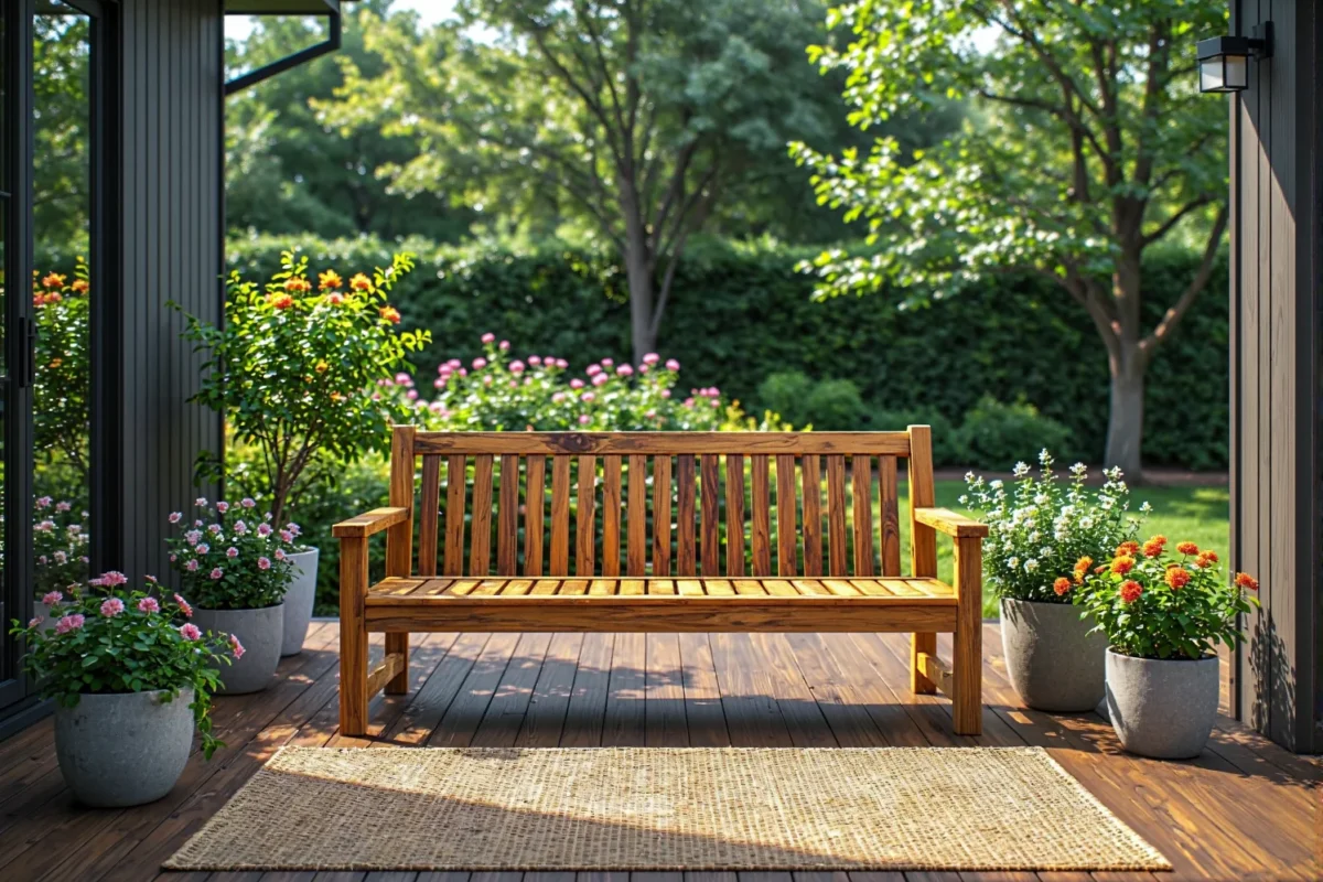 Brązowy zestaw mebli ogrodowych składający się ze stołu i ławek