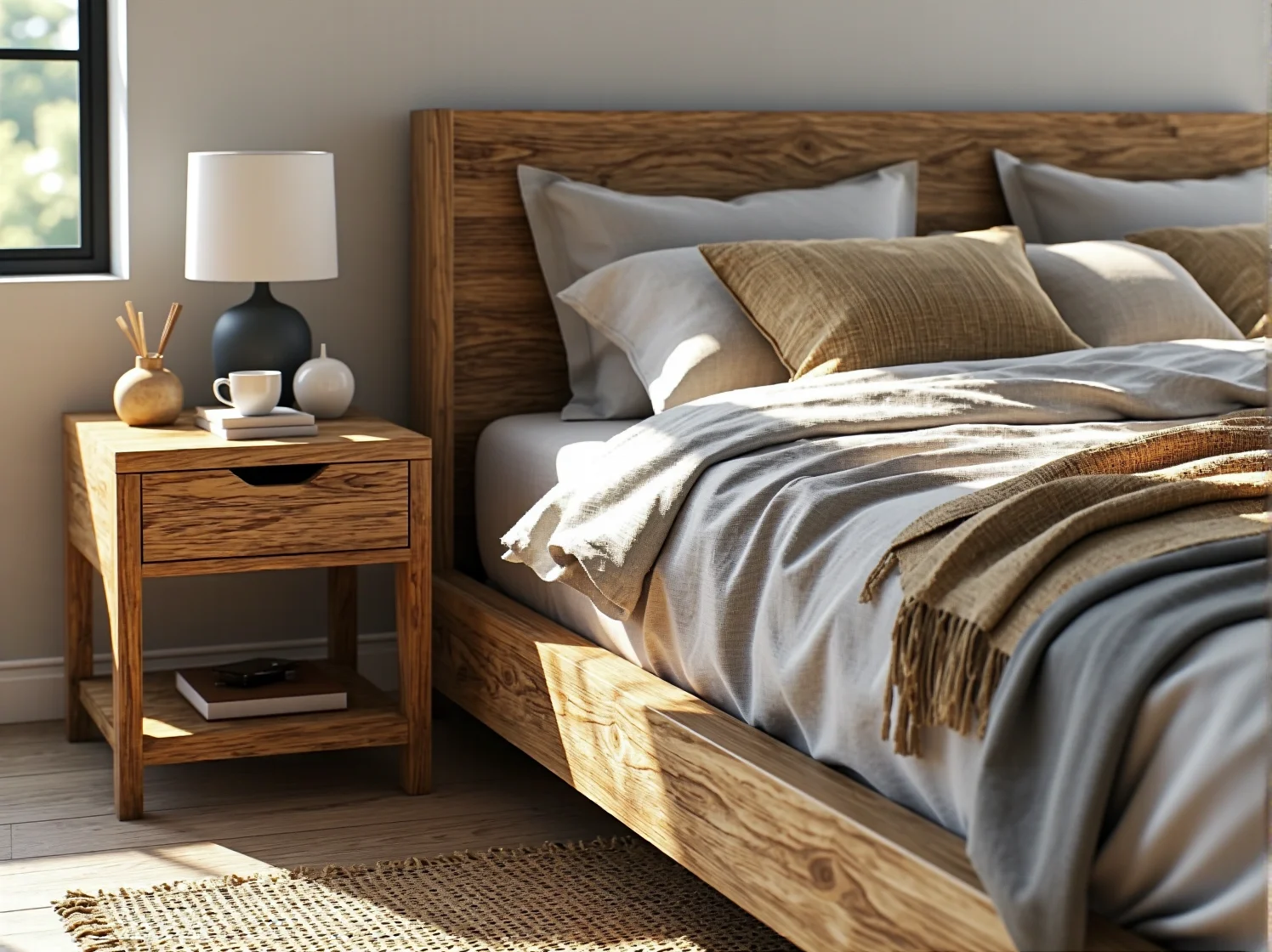 Ekologiczne meble z litego drewna w sypialni dbające o zdrowy mikroklimat i estetykę wnętrza.