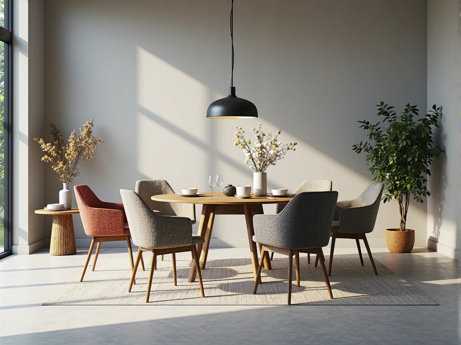 Ekologiczna prezentacja mebli wykonanych ze zrównoważonych materiałów w nowoczesnej przestrzeni wystawowej.