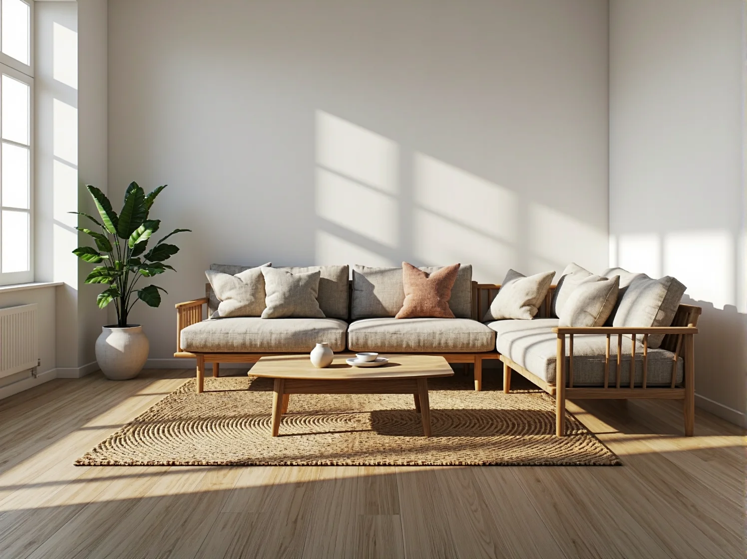 Narożna sofa z drewnianą ramą i beżowymi poduszkami