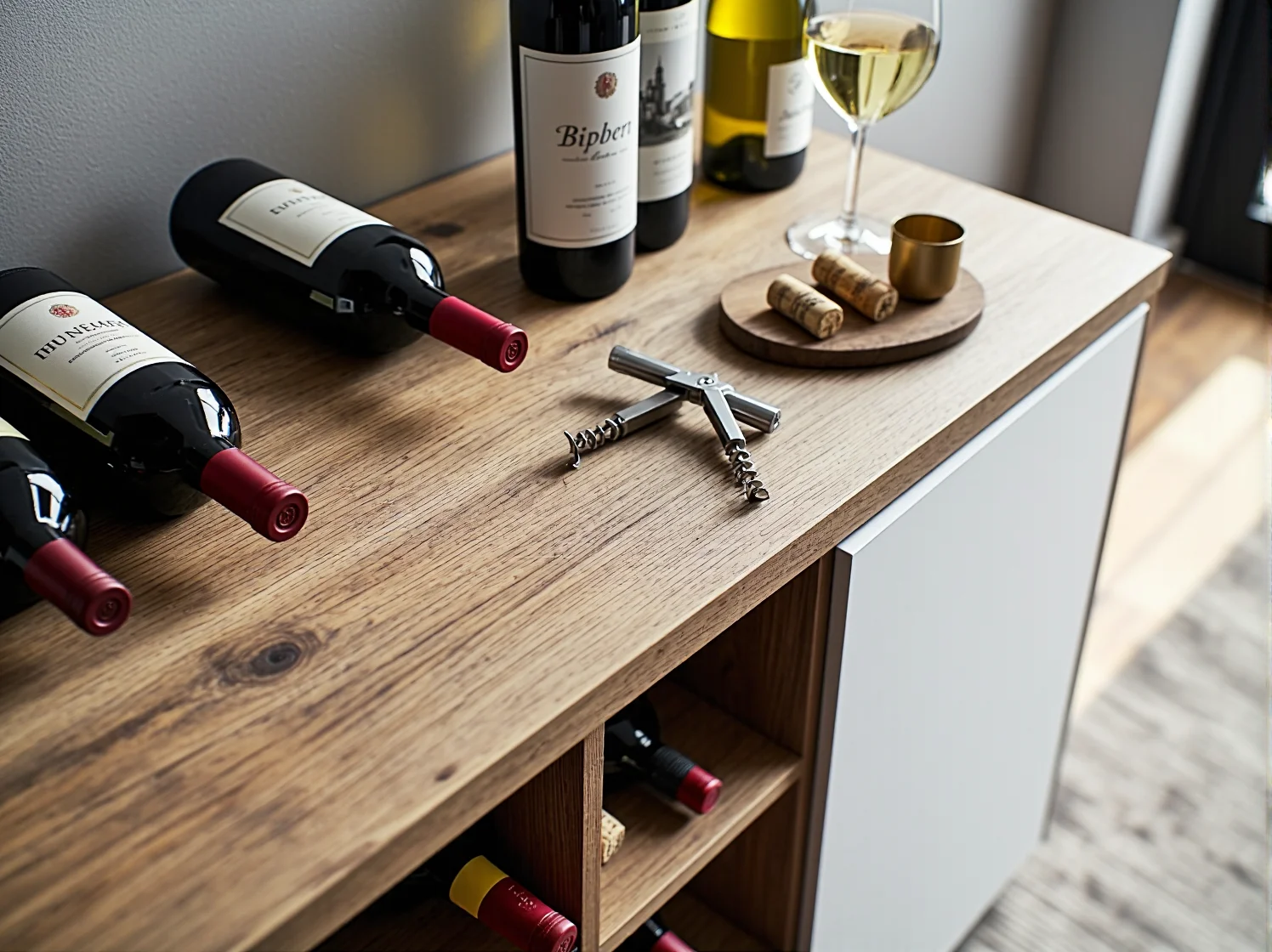 Gotowy regał na wino z butelkami i kieliszkami, elegancka dekoracja wnętrza.