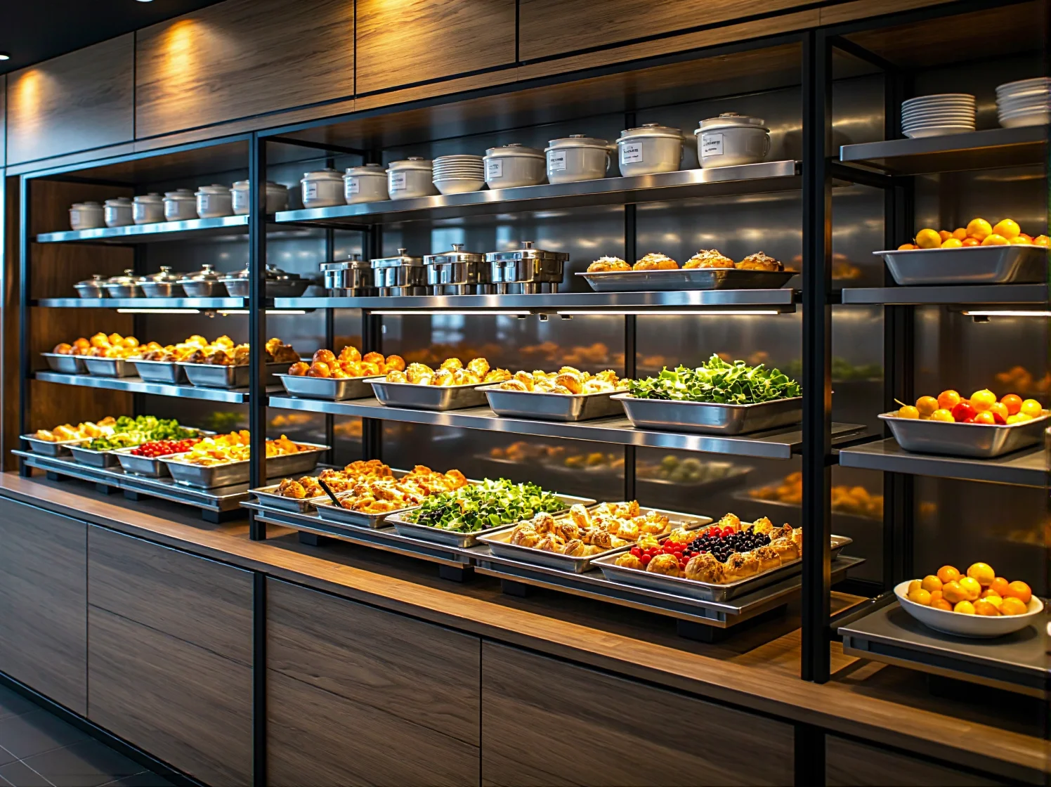 Elegancki metalowy regał do bufetu hotelowego z oświetleniem i szklanymi półkami.