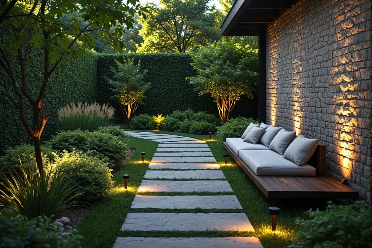 Drewniana sofa ogrodowa z szarymi poduszkami i lampami LED