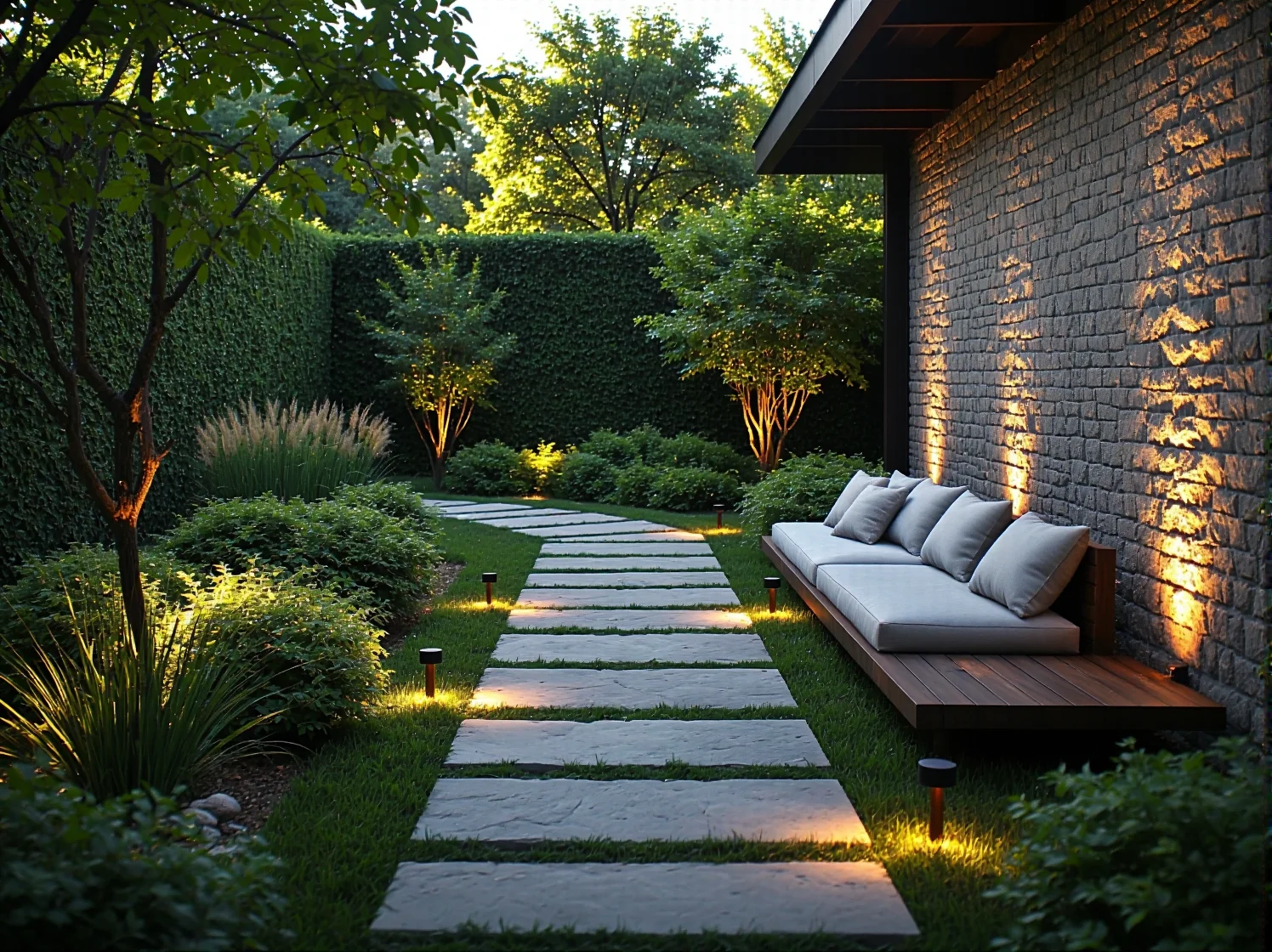 Drewniana sofa ogrodowa z szarymi poduszkami i lampami LED