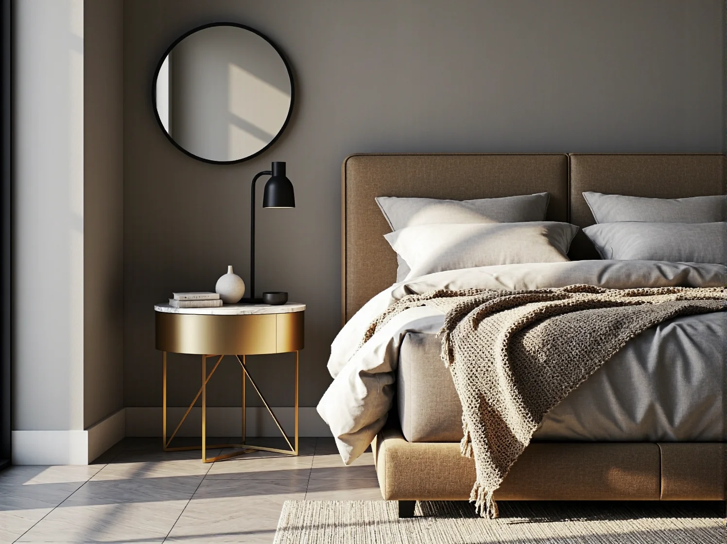 Eleganckie łóżko kontynentalne glamour z pikowanym wezgłowiem i welurowym obiciem.