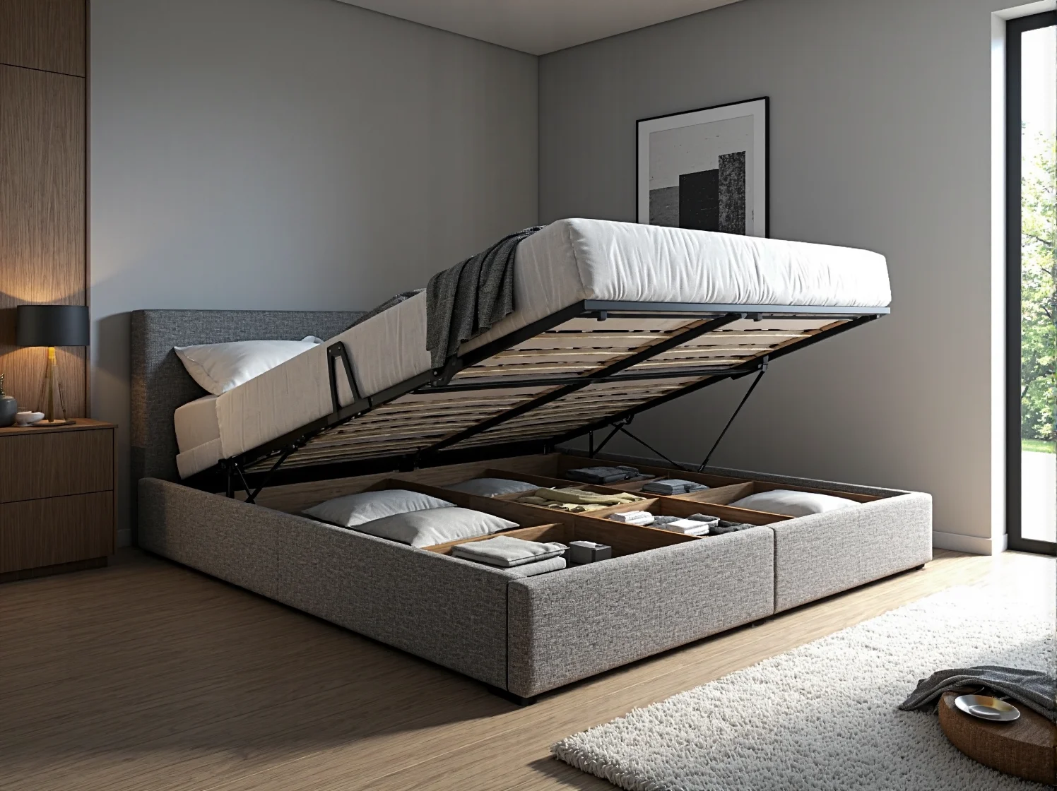 Eleganckie łóżko tapicerowane w stylu glamour z otwieranym pojemnikiem, idealne do małej sypialni.