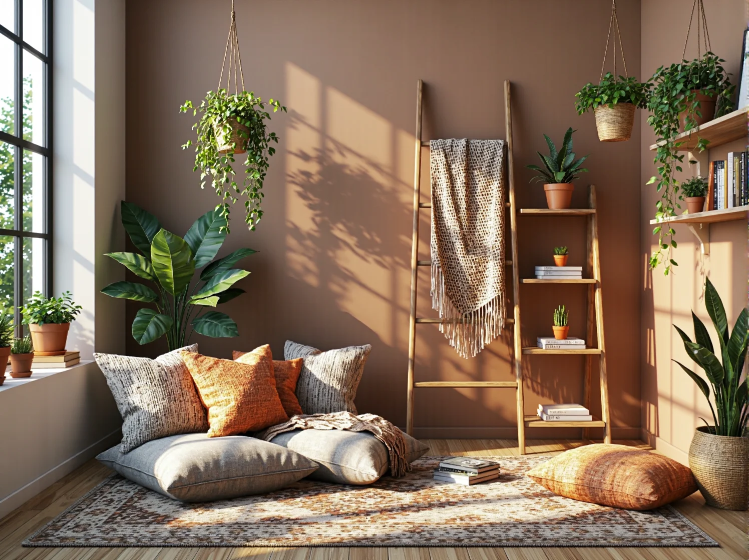 Krzesło biurowe i biurko z litego drewna w jasnym pokoju biurowym urządzonym w estetyce boho.