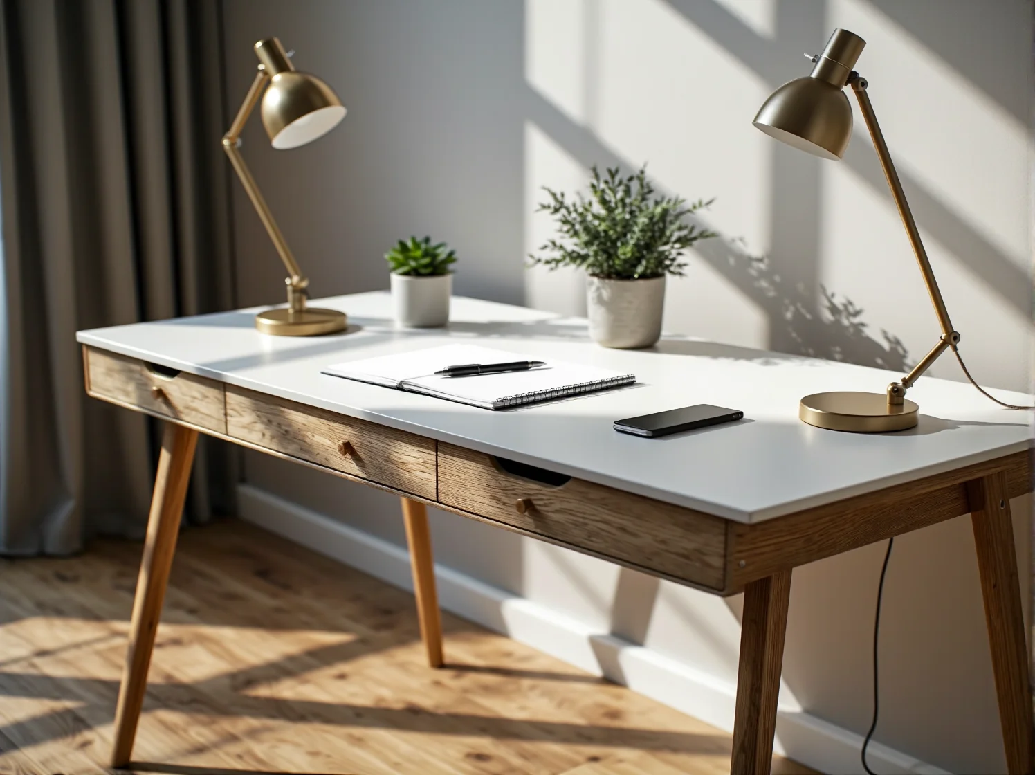 Ergonomiczne krzesło i biurko w stylu skandynawskim zapewniające wygodę w nowoczesnej przestrzeni wspólnej.