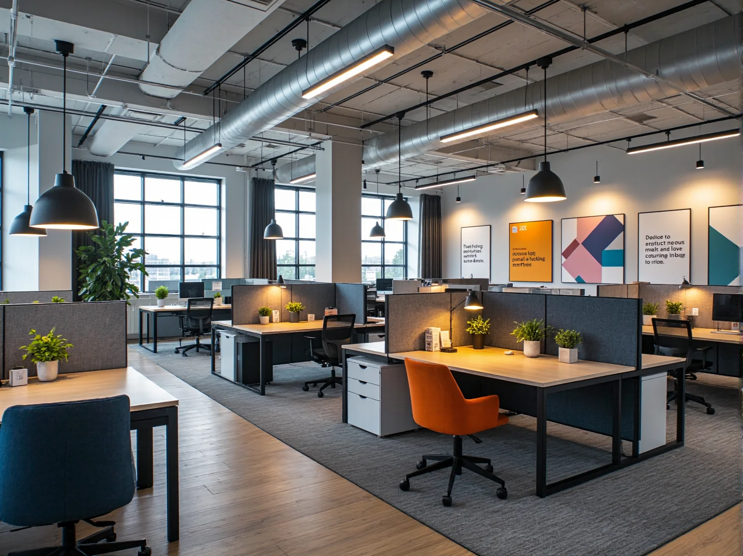 Pracownicy korzystający z ergonomicznych biurek modułowych w jasnym biurze coworkingowym.