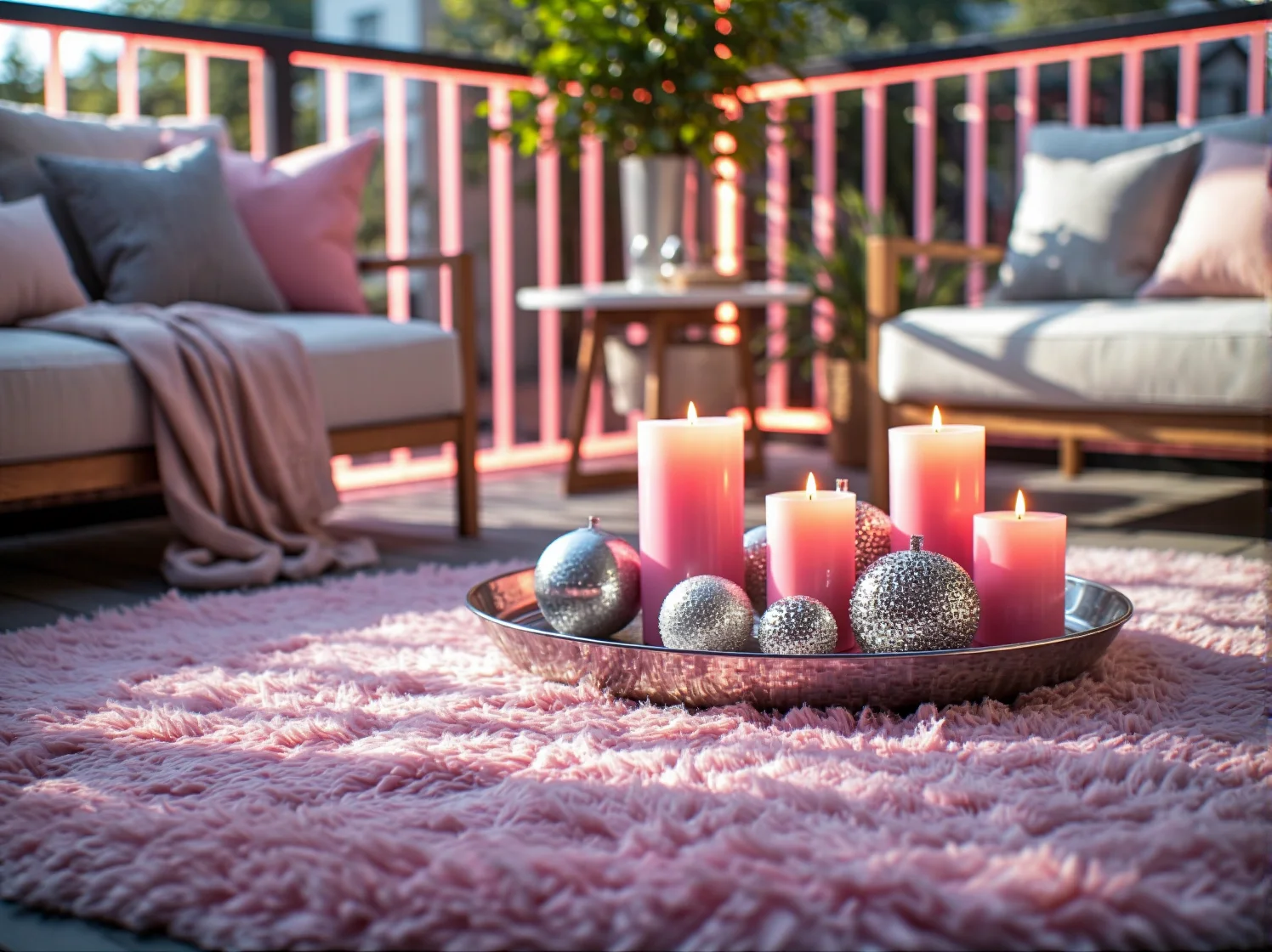 Wygodny fotel balkonowy z różowym kocem obok stylowej srebrnej lampy stojącej LED.