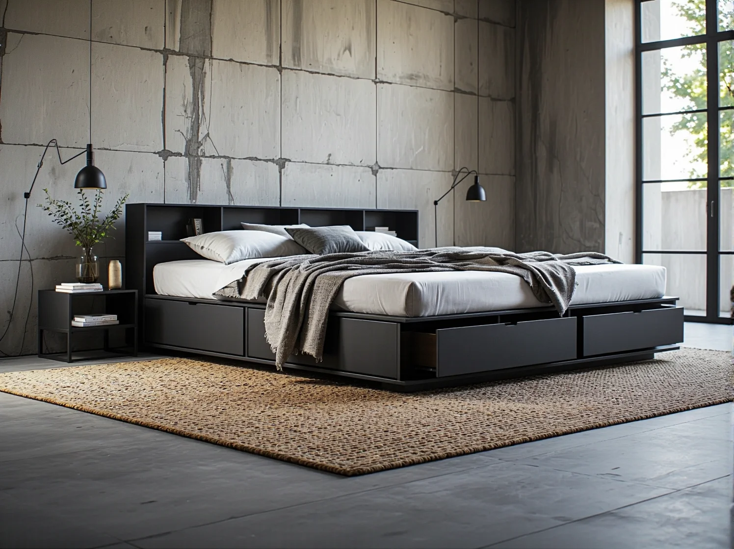 Funkcjonalne łóżko modułowe industrialne z opcją rozbudowy do nowoczesnej sypialni.