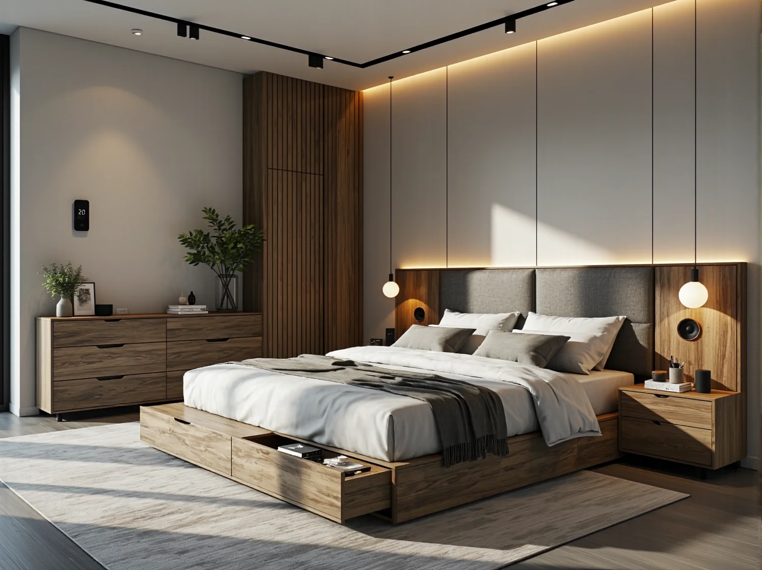 Funkcjonalny system przechowywania smart home z oświetleniem LED reagującym na ruch w pokoju.