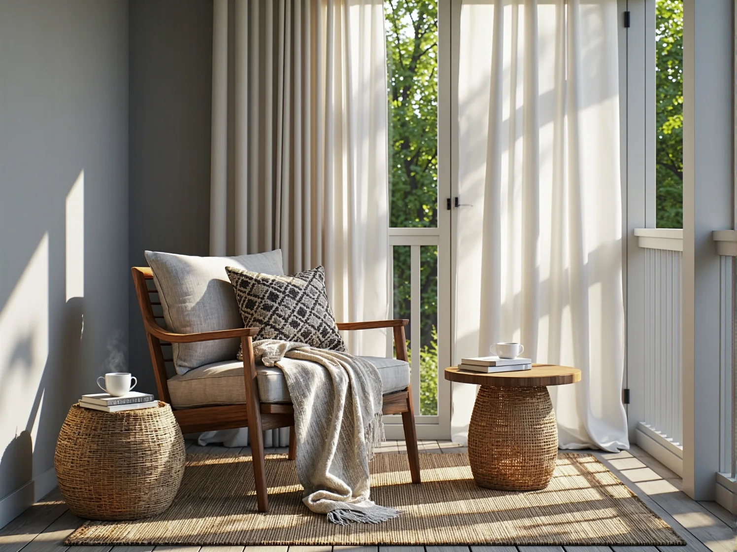 Dekoracyjne girlandy świetlne i lampiony tworzące nastrojowy klimat na drewnianej werandzie.