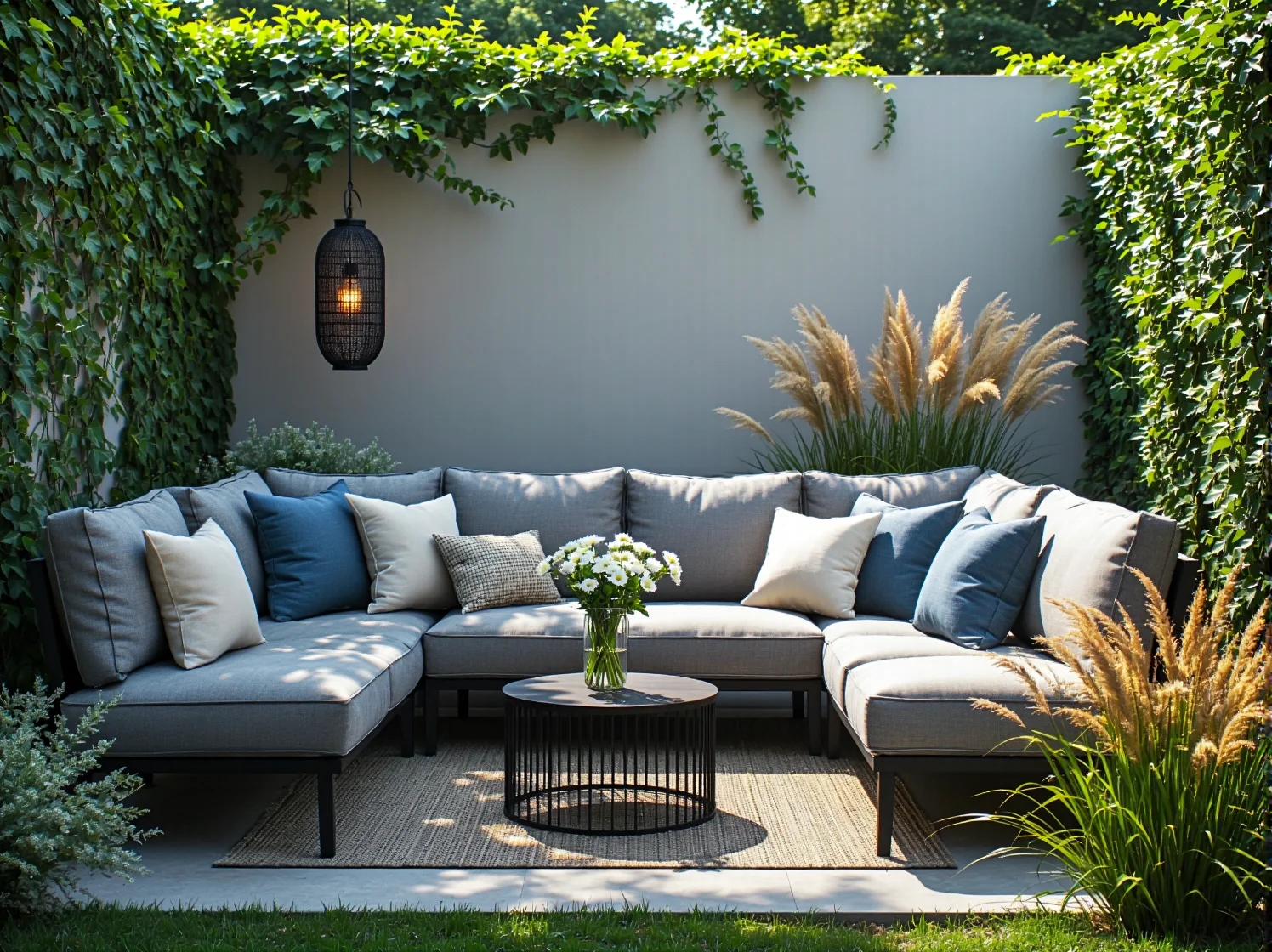 Nastrojowe girlandy świetlne nad tarasem w małym, eleganckim ogrodzie.