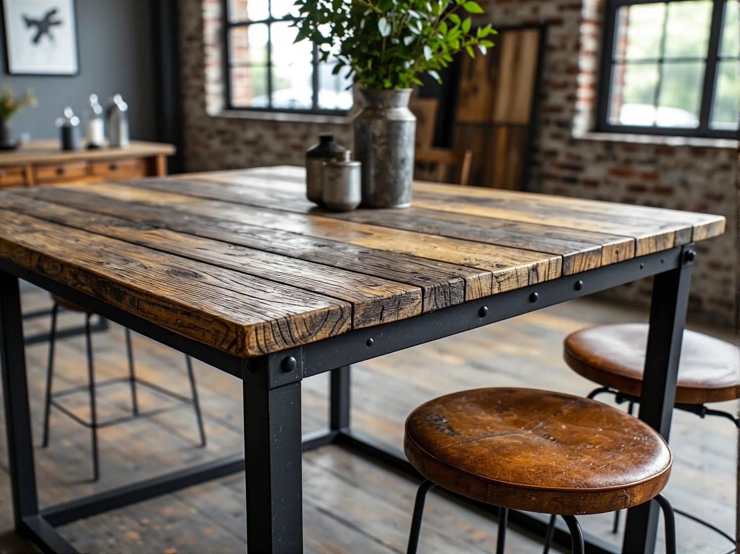 Nowoczesny hoker przy industrialnym stole barowym z ciemnego metalu w kuchni typu loft.