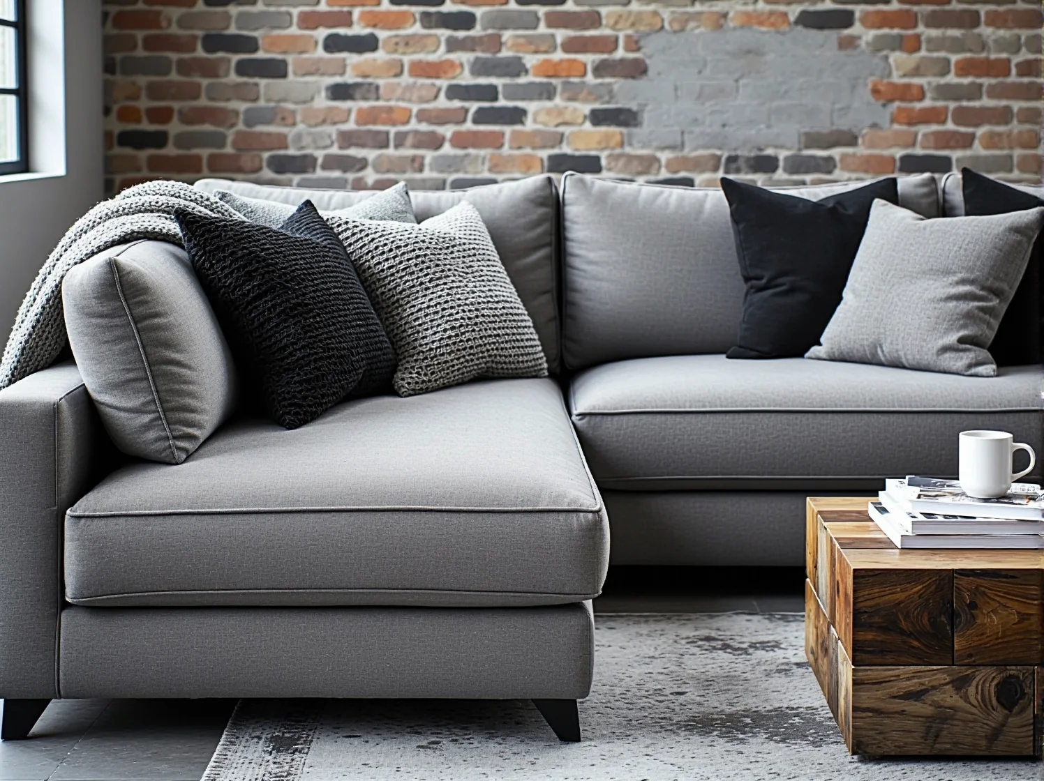 Szary narożnik na tle betonowej ściany w industrialnej aranżacji salonu.