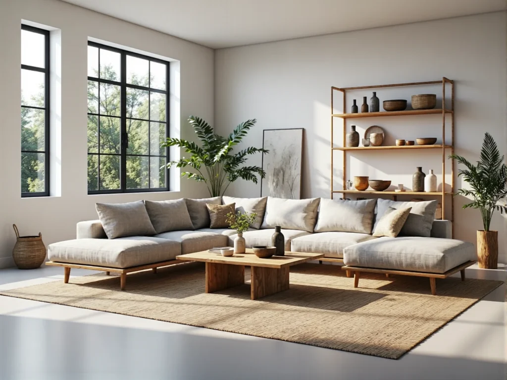 Narożnik modułowy beżowy na drewnianych nogach z poduszkami