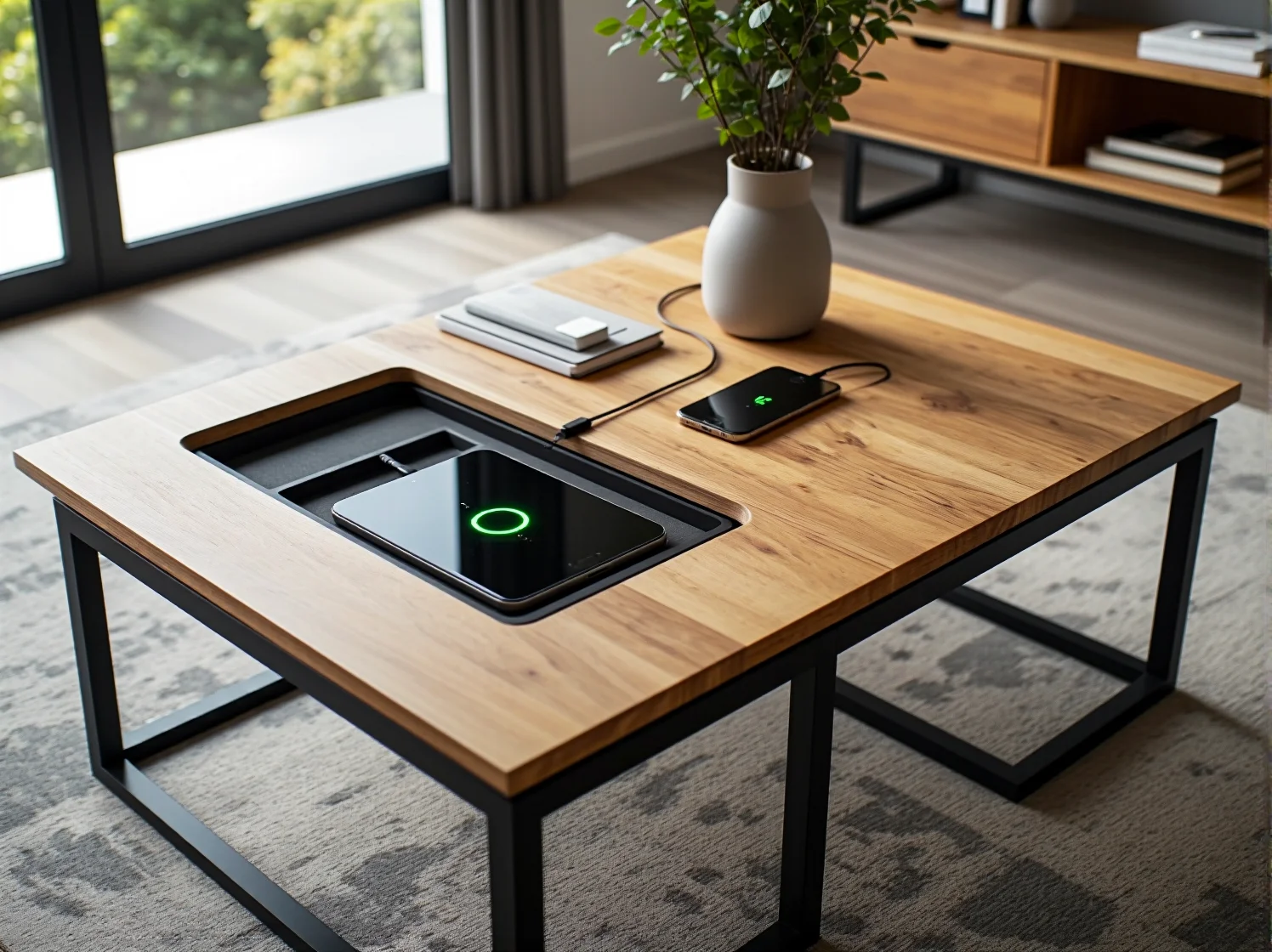 Inteligentne biurko smart home z regulacją wysokości i ładowarką, idealne do nowoczesnego biura.