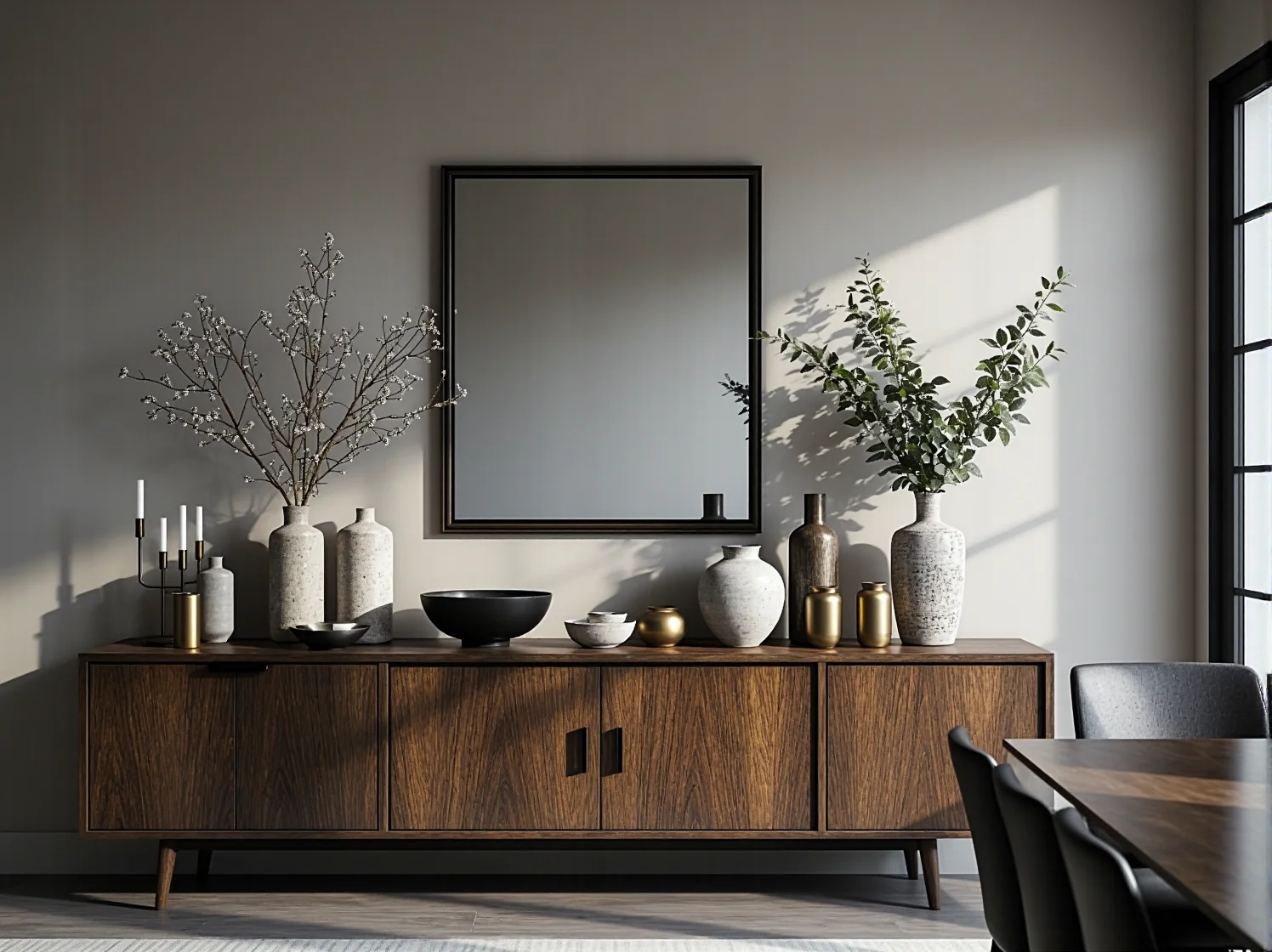 Nowoczesna jadalnia glamour japandi łącząca marmurowy stół z drewnianymi akcentami i złotem.