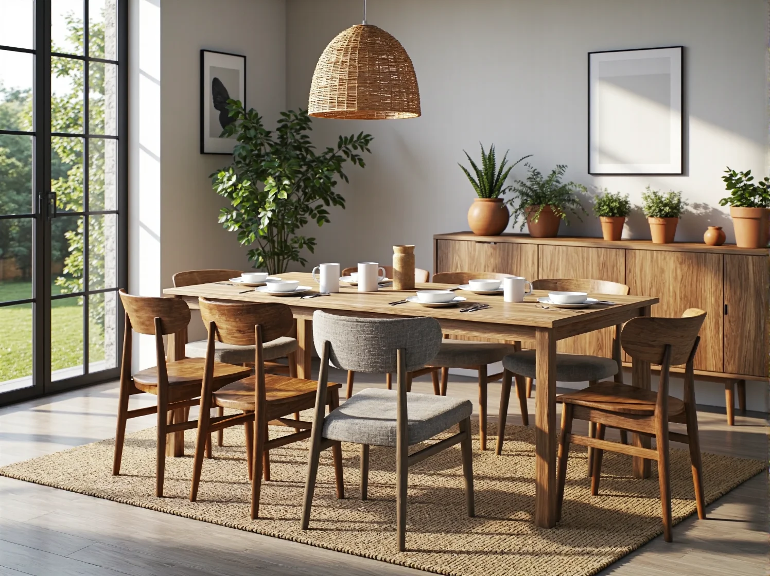 Nowoczesna jadalnia w stylu scandi boho z drewnianym stołem i dywanem w geometryczne wzory.