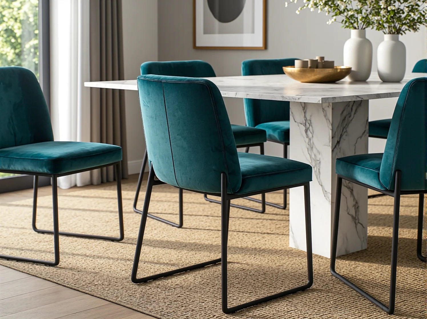 Złote dodatki i minimalistyczne meble w jadalni łączącej luksus glamour z estetyką japandi.