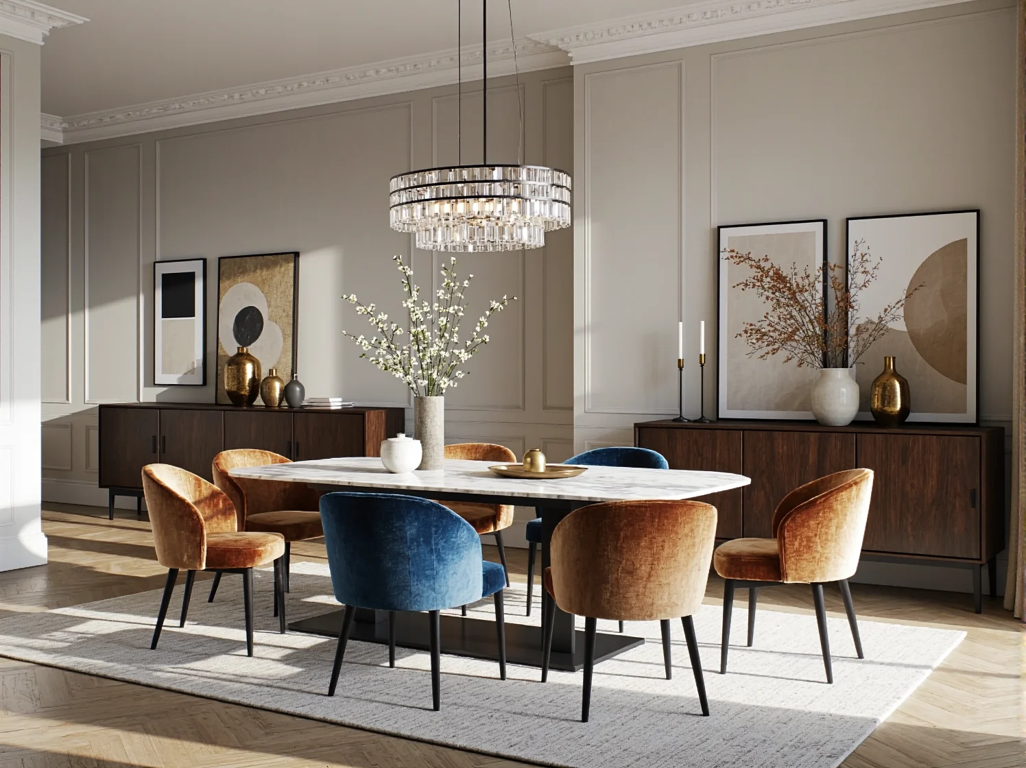 Tapicerowane krzesła jadalniane welurowe miedziane i granatowe na czarnych nóżkach