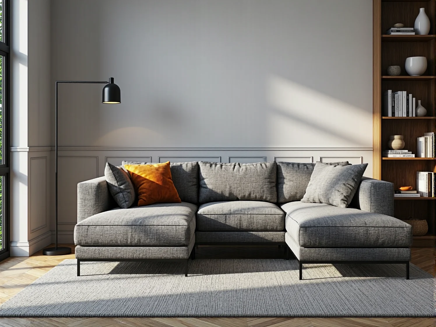 Jasny narożnik tapicerowany naturalną tkaniną, minimalistyczne meble wypoczynkowe w oszczędnym wnętrzu.